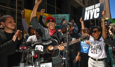 Tom Morello of Rage Against the Machine protests ICE outside of 26 Federal Plaza