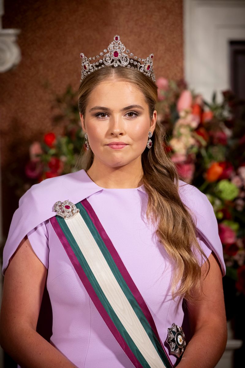 Princess Amalia of The Netherlands attends the state banquet offered to Sultan Haitham bin Tarik at the Royal Palace at the start of the state visit from Oman on April 15, 2025 in Amsterdam