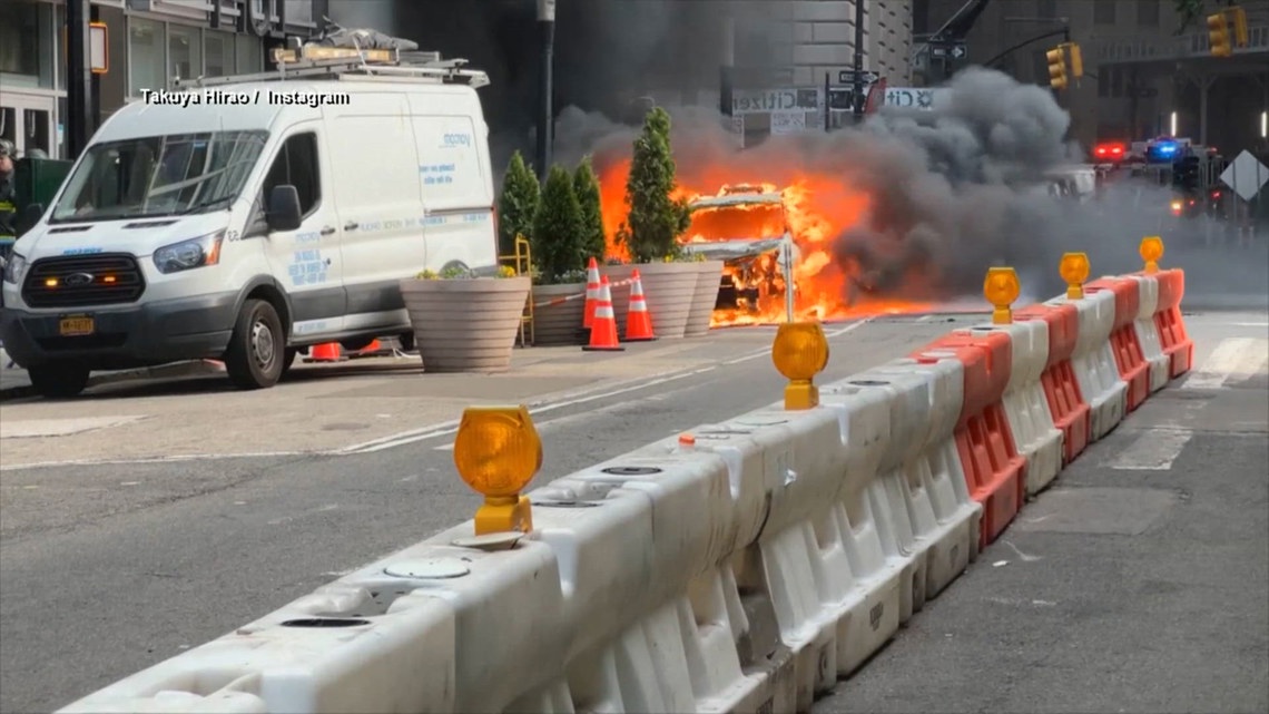 A car catches fire and explodes in lower Manhattan