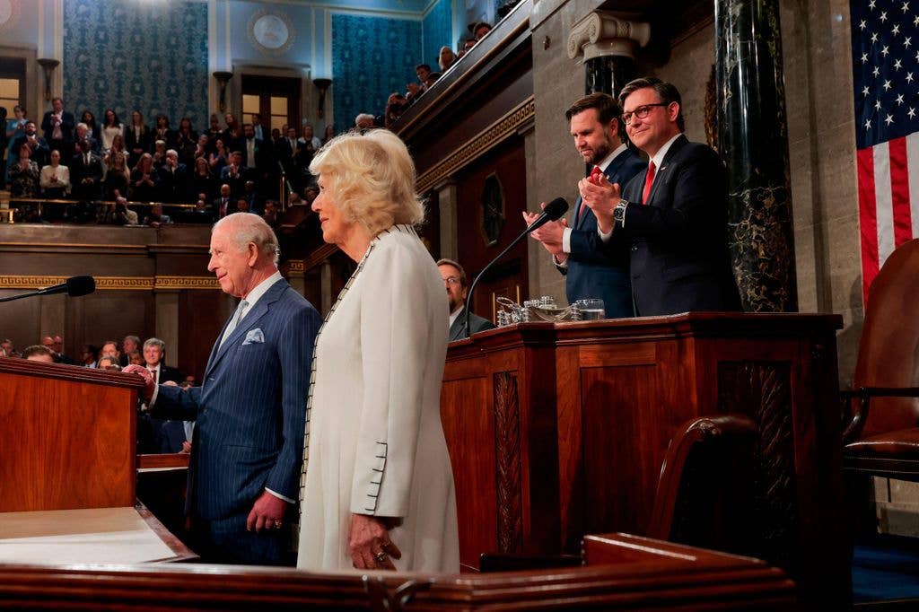 Camilla placed the bag on the floor ahead of Charles' address
