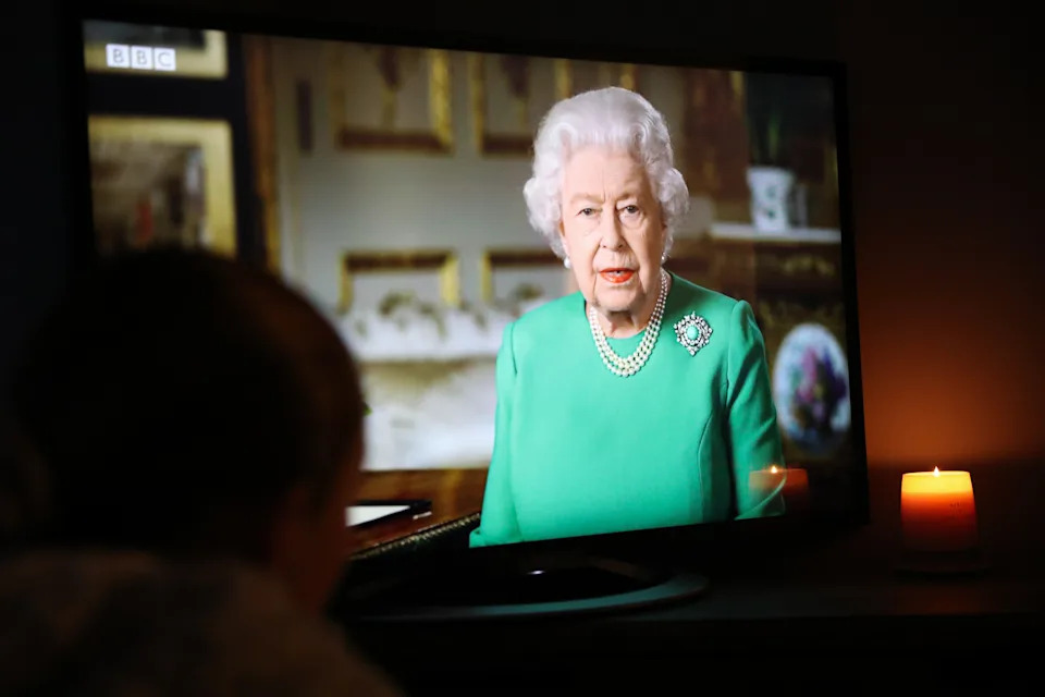 Mia Wilson, aged 12 from Derbyshire watches Queen Elizabeth II deliver her address to the nation and the Commonwealth in relation to the coronavirus epidemic.
