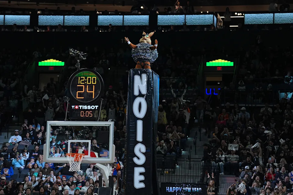 The San Antonio Spurs Coyote performs in the second half at Frost Bank Center.