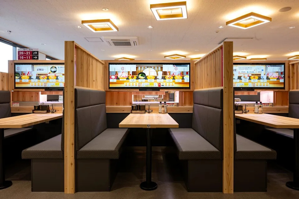 Guests sitting at booths will order from a digital kiosk and pick up from the conveyer belt. Courtesy of Sushiro