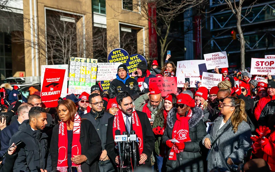 Mayor Zohran Mamdani speaks during a press conference at a union strike in New York City