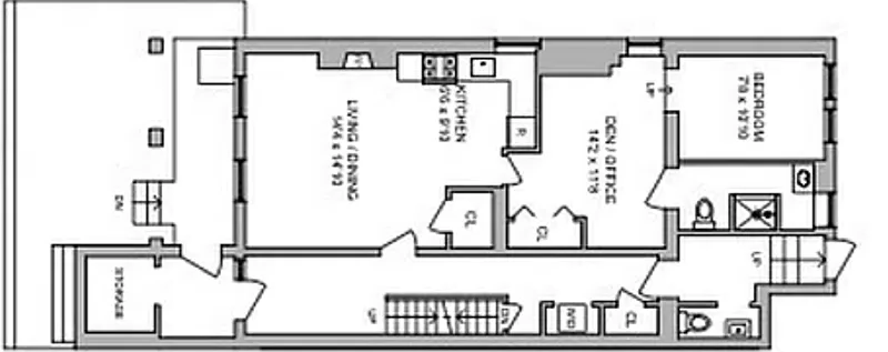 floorplan showing a bedroom at one end and living at the other