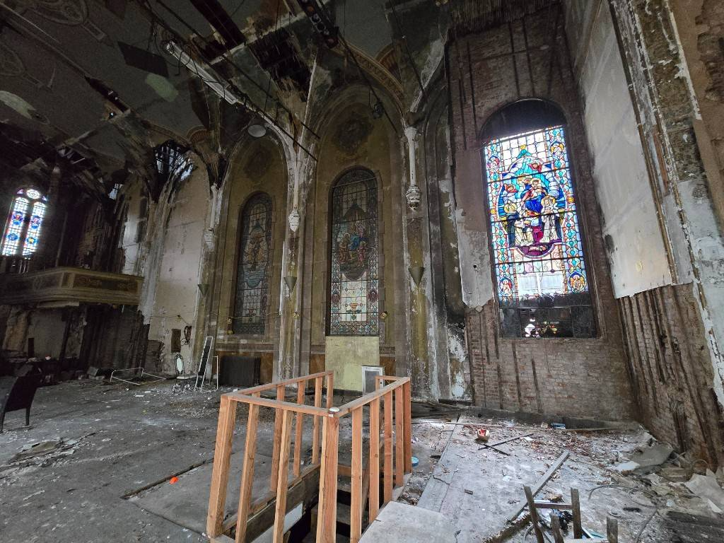 church interior with stained glass