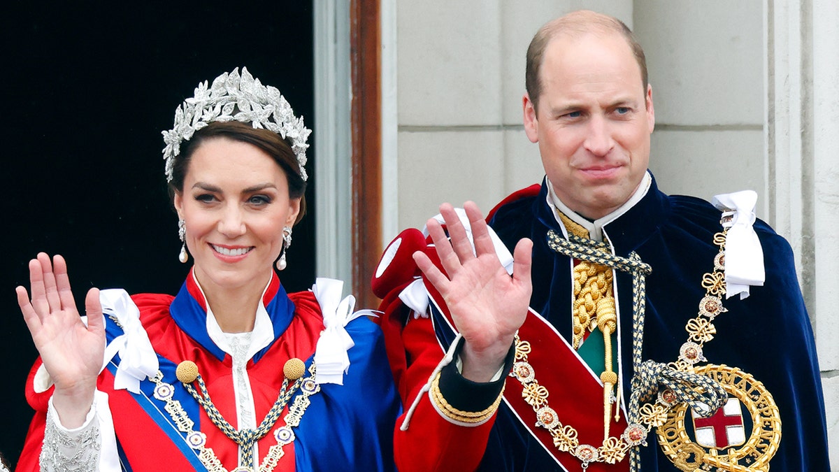 Princess Catherine and Prince William watching RAF flypast from Buckingham Palace balcony