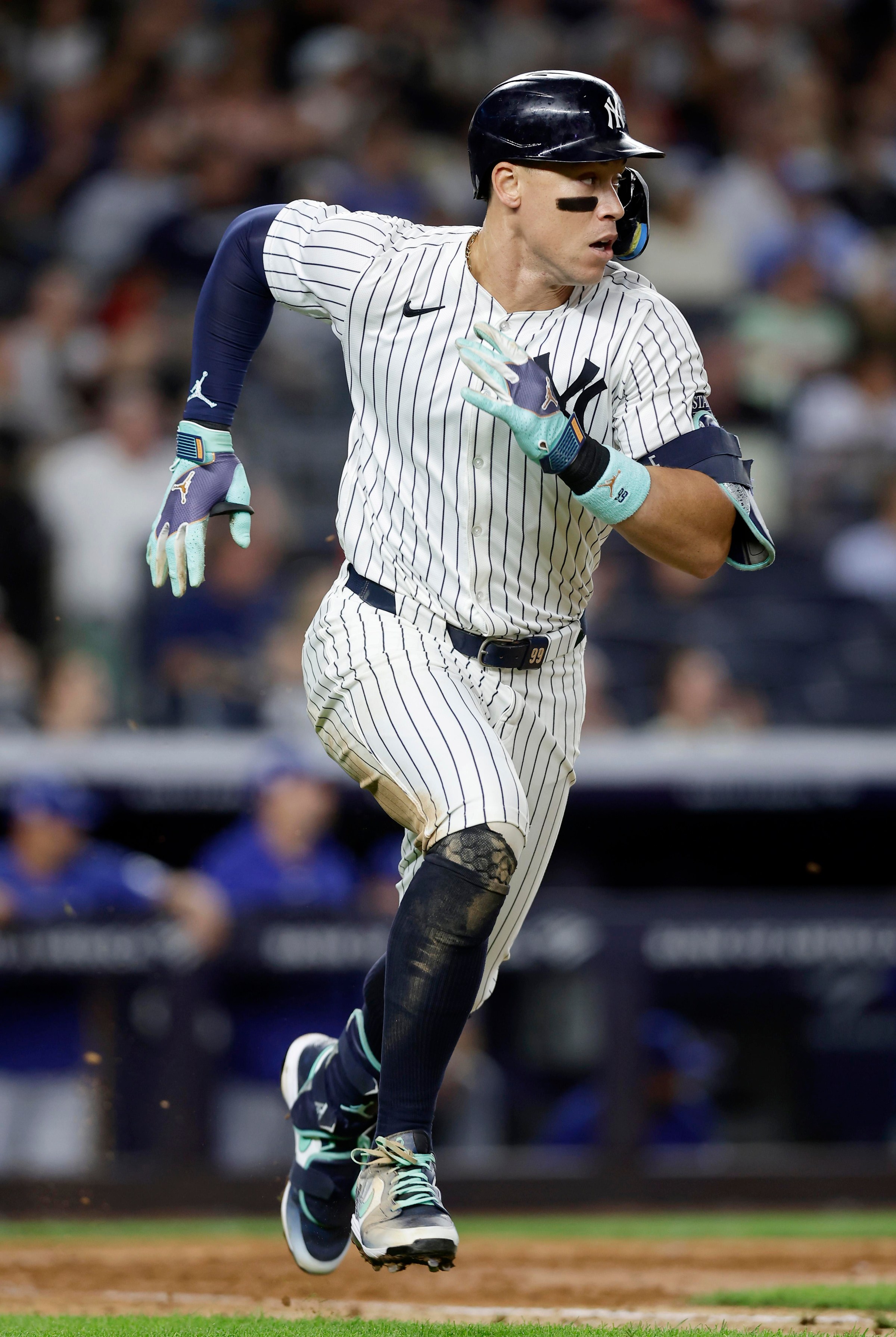 NEW YORK, NEW YORK - SEPTEMBER 11: Aaron Judge #99 of the New York Yankees in action against the Kansas City Royals at Yankee Stadium on September 11, 2024 in New York City. The Yankees defeated the Royals 4-3 in eleven innings. (Photo by Jim McIsaac/Getty Images)