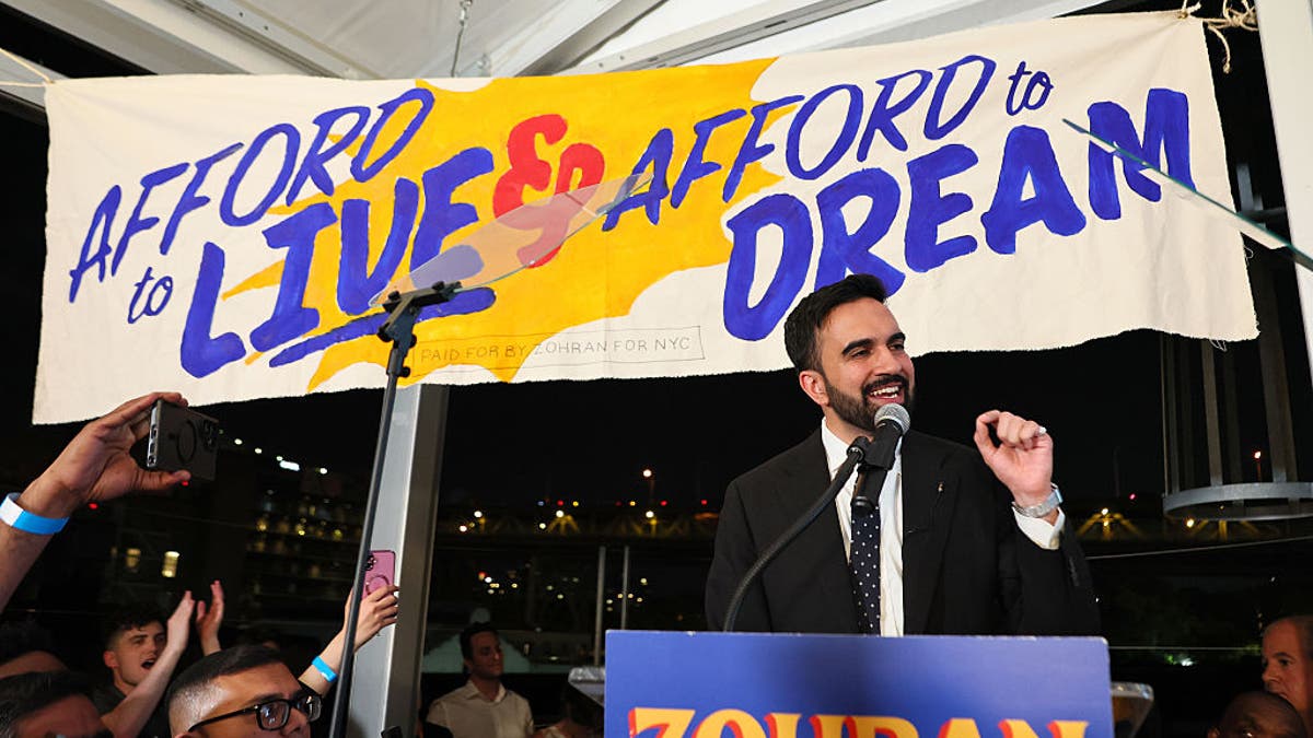 State Rep. Zohran Mamdani speaking to supporters at an election night gathering in Long Island City