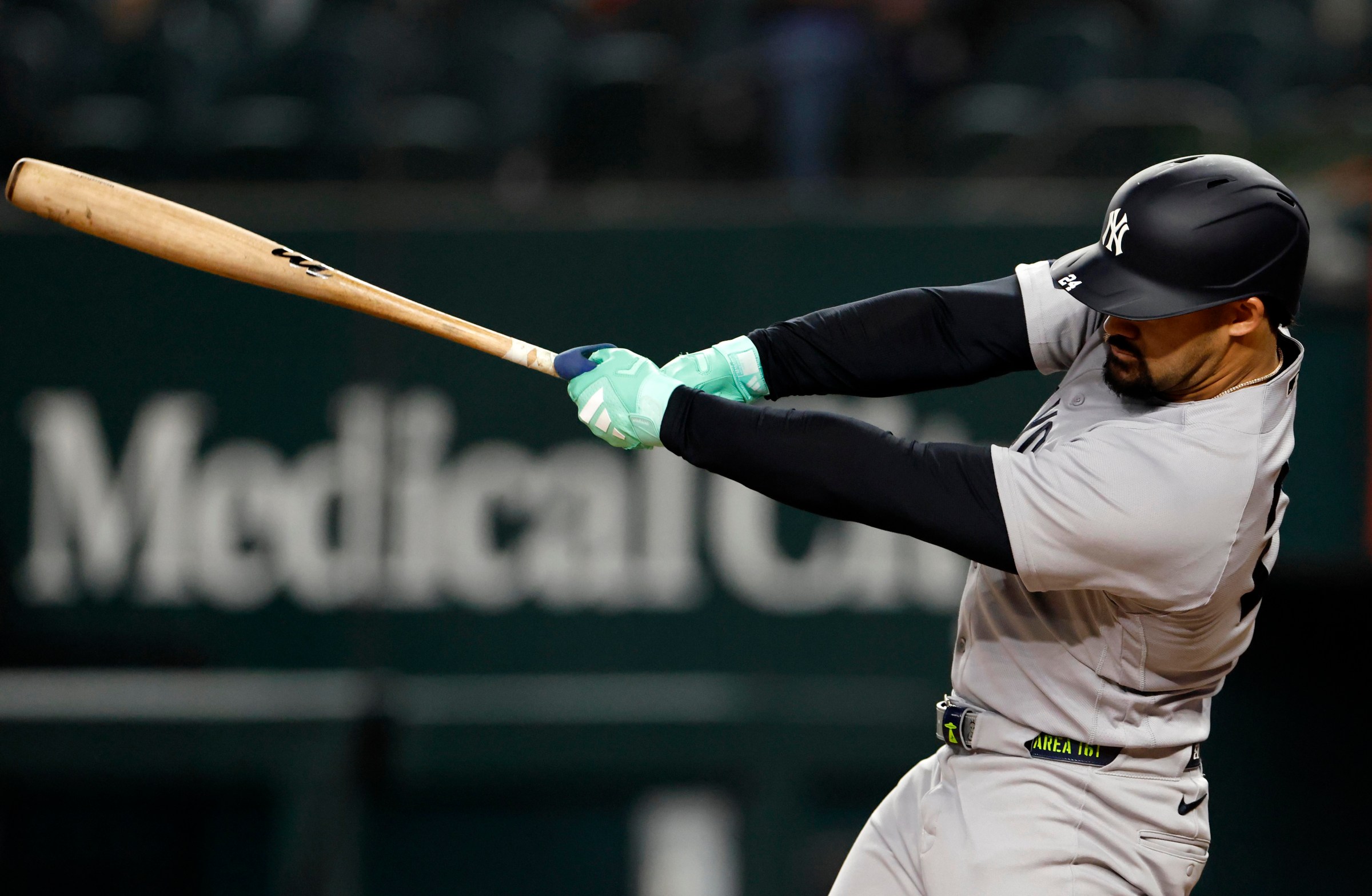 ARLINGTON, TEXAS - APRIL 28: Jasson Domínguez #24 of the New York Yankees bats against the Texas Rangers during the game at Globe Life Field on April 28, 2026 in Arlington, Texas. (Photo by Ron Jenkins/Getty Images)