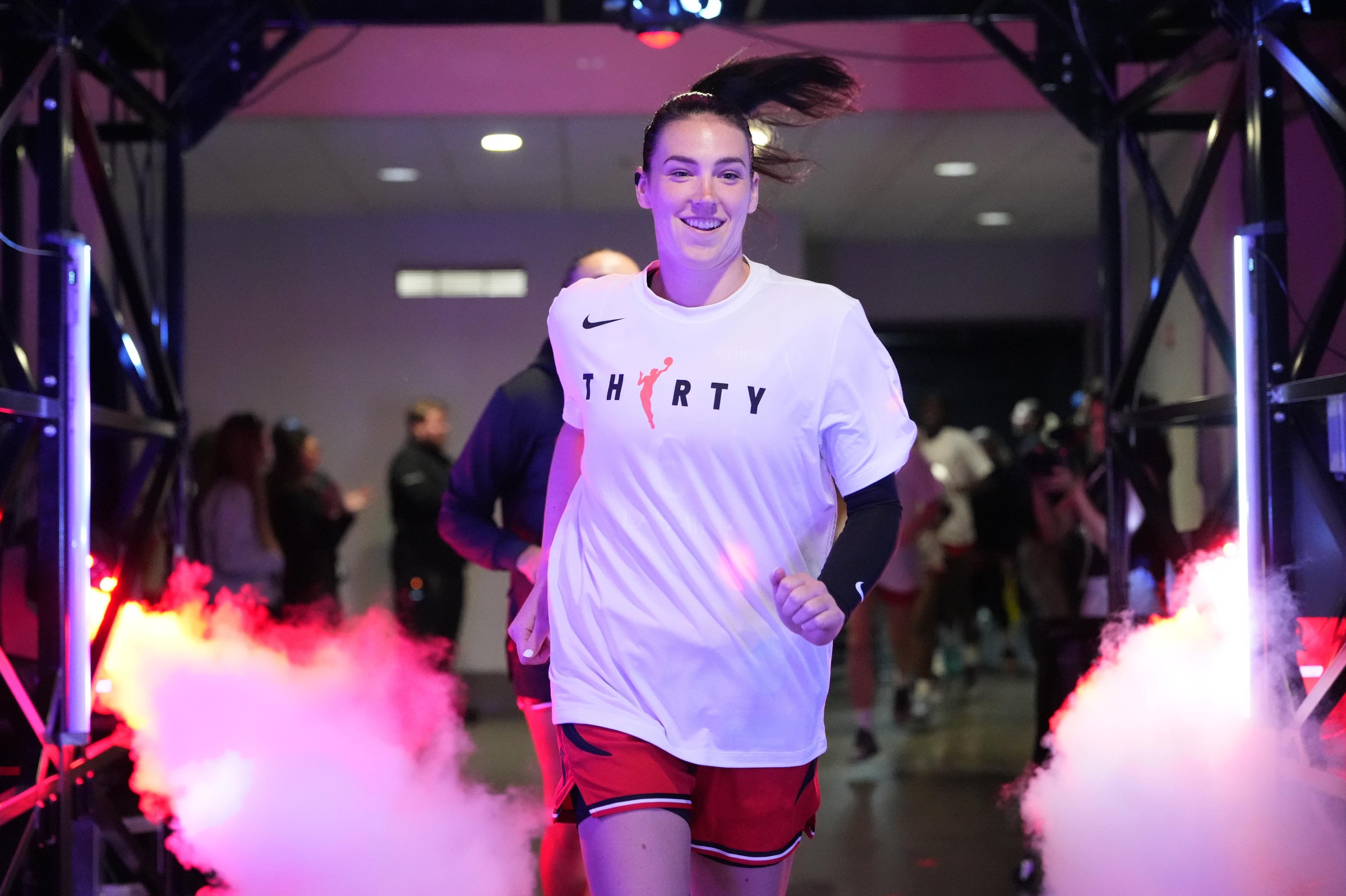 PORTLAND, OREGON - MAY 03: Bridget Carleton #6 of the Portland Fire runs out of the tunnel prior to the preseason game against the Los Angeles Sparks at Moda Center on May 03, 2026 in Portland, Oregon. NOTE TO USER: User expressly acknowledges and agrees that, by downloading and or using this photograph, User is consenting to the terms and conditions of the Getty Images License Agreement. (Photo by Soobum Im/Getty Images)