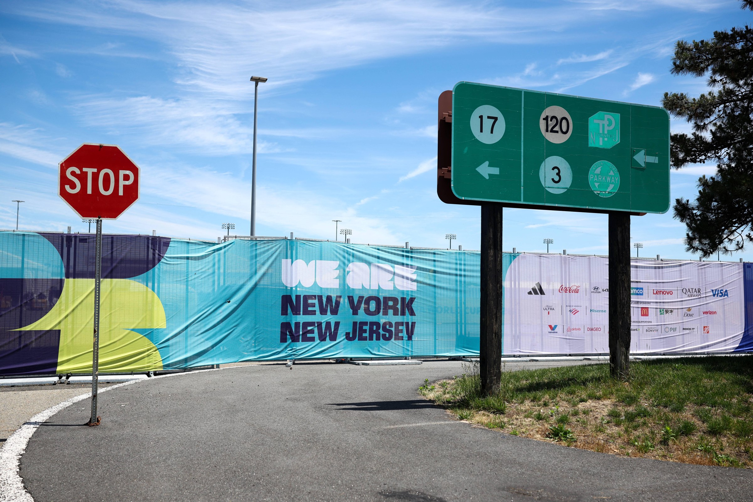 A sign is seen at New York New Jersey Stadium (temporarily renamed from MetLife Stadium) ahead of the 2026 FIFA World Cup in East Rutherford, New Jersey, on May 26, 2026. (Photo by CHARLY TRIBALLEAU / AFP via Getty Images)