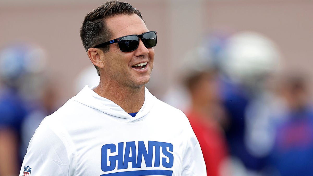 New York Giants general manager Joe Schoen reacting during NFL training camp