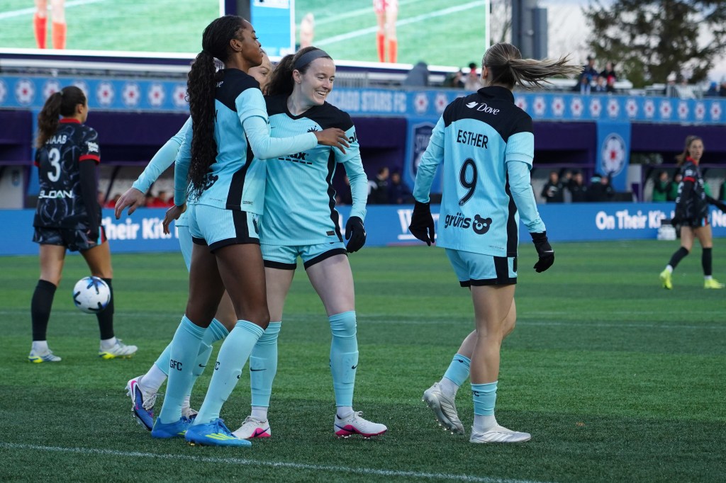 Gotham FC forward Jordynn Dudley (2) celebrates her goal against the Chicago Stars FC.