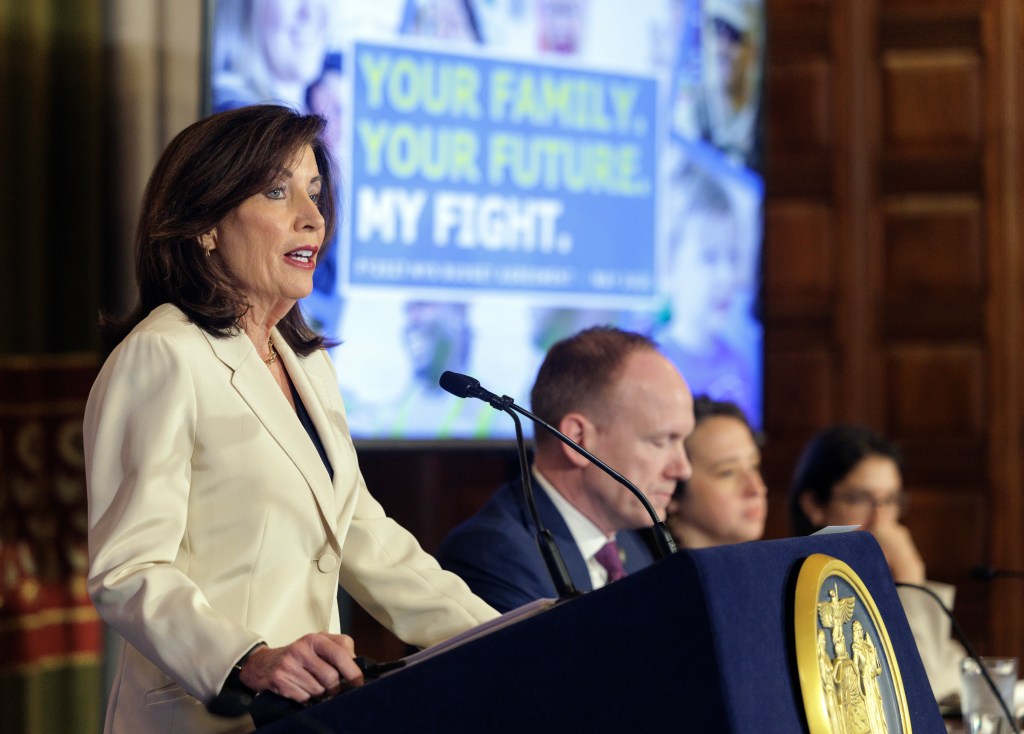 Governor Kathy Hochul making a budget announcement.