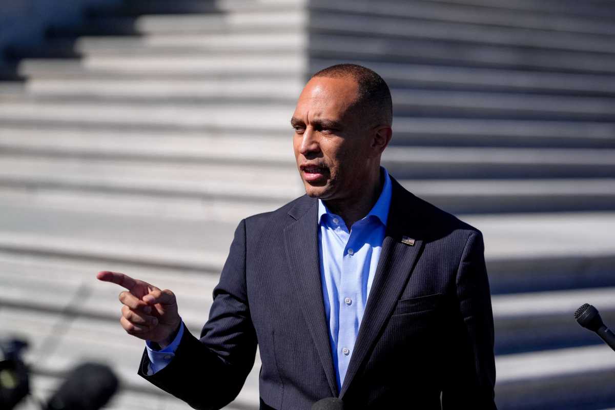 House Democratic leader Hakeem Jeffries of Brooklyn speaking and pointing finger at Capitol Hill