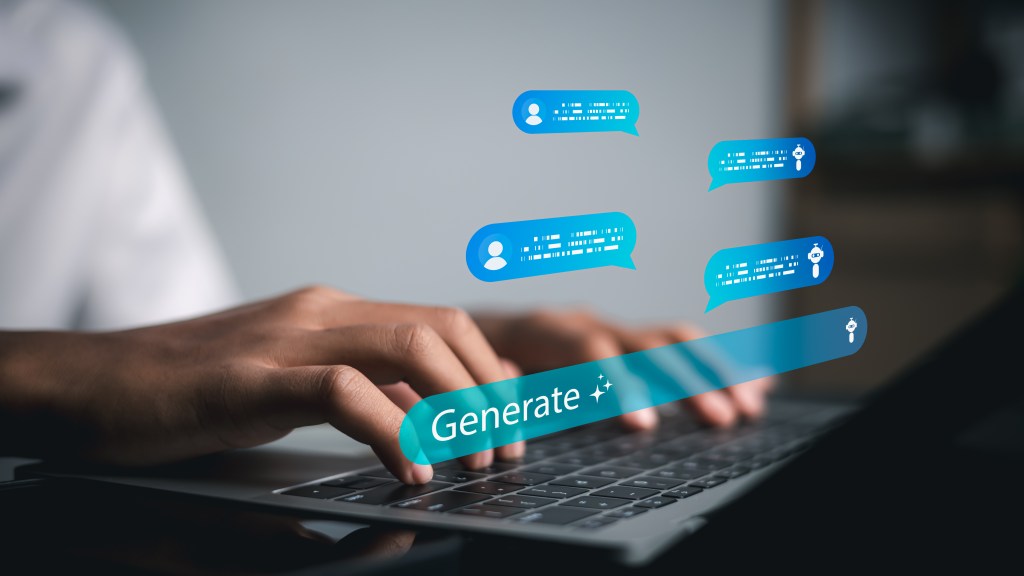 Hands typing on a laptop with generative AI chatbot messages and a "Generate" button on the screen.