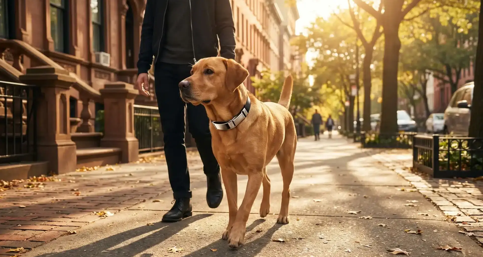 Dog on a leash walking with owner on sunlit urban street with brownstone buildings