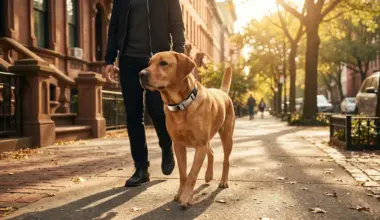 Dog on a leash walking with owner on sunlit urban street with brownstone buildings