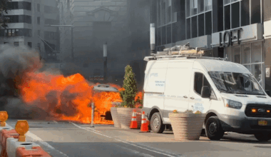 Explosion of Flames Bursts From MTA Vehicle Engulfed in Fire in Manhattan