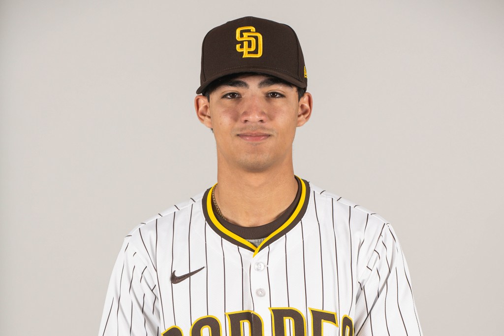 Humberto Cruz #16 of the San Diego Padres poses for a photo on San Diego Padres Minor League Photo Day at Peoria Sports Compliex on March 5, 2025 in Peoria, Arizona. 