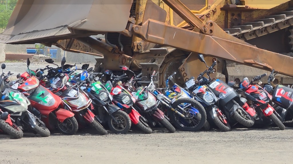Hundreds of illegal mopeds seized by NYPD are crushed in Staten Island Wednesday, May 13, 2026.