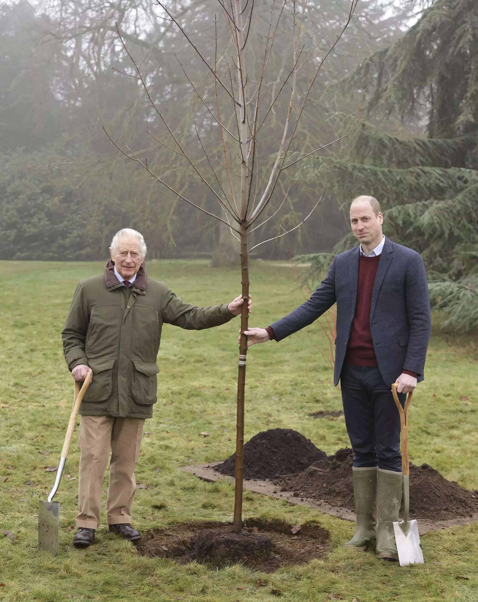 In this undated handout image released by Buckingham Palace on April 2, 2023, Britain's King Charles III and Prince William plant a tree to mark the end of The Queen's Green Canopy initiative| Image Credit: PTI Image released by Buckingham Palace
