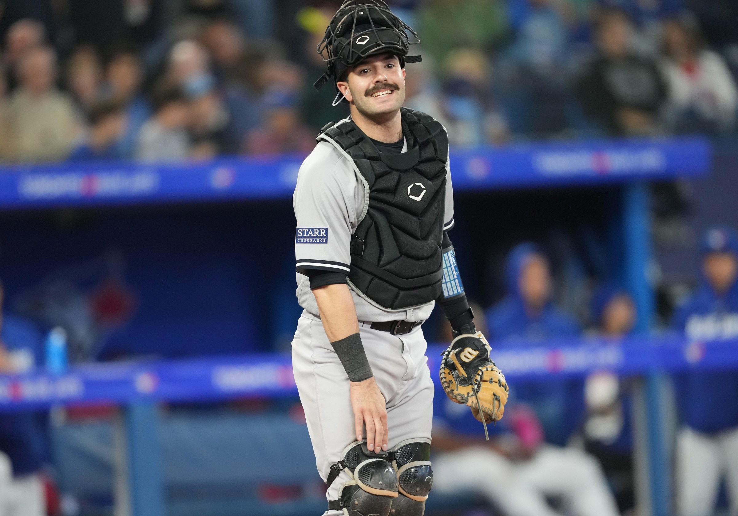 Sep 26, 2023; Toronto, Ontario, CAN; New York Yankees catcher Austin Wells (88) gets ready for the ninth inning against the Toronto Blue Jays at Rogers Centre. Mandatory Credit: Nick Turchiaro-Imagn Images