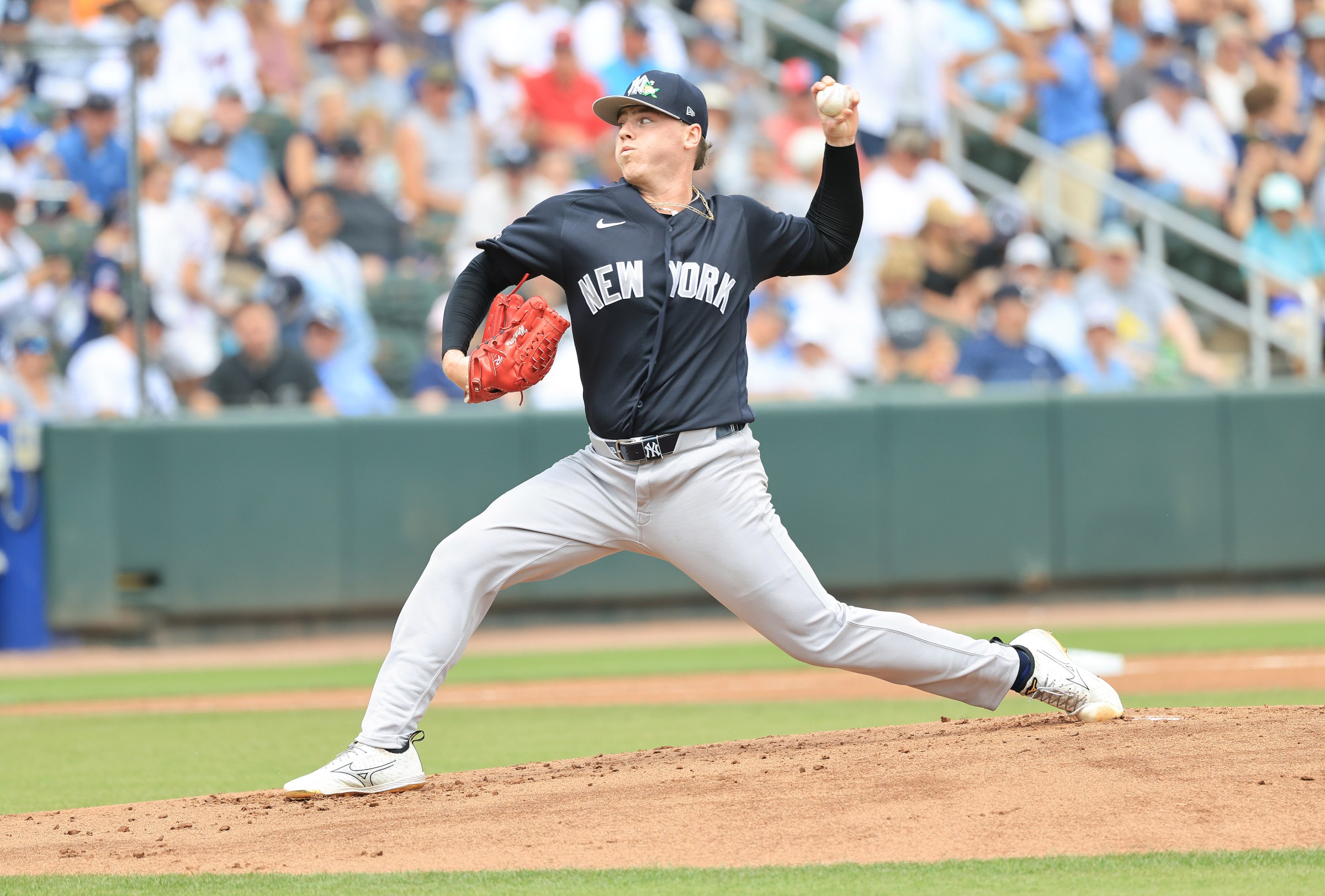 Mar 13, 2026; North Port, Florida, USA; New York Yankees starting pitcher Ryan Weathers (40) throws a pitch during the first inning against the Atlanta Braves at CoolToday Park. Mandatory Credit: Kim Klement Neitzel-Imagn Images