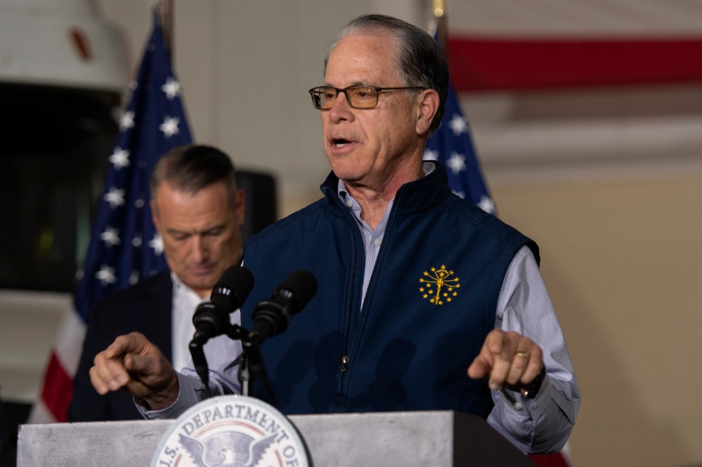 Indiana Gov. Mike Braun speaking at a press conference.