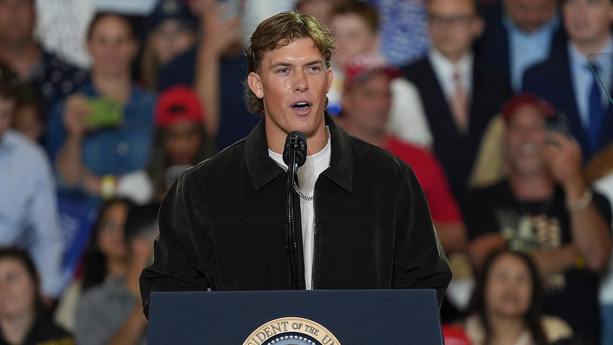 NFL quarterback Jaxson Dart introducing President Donald Trump at an event in Suffern New York