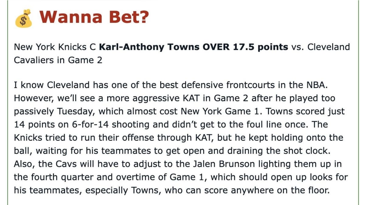 Geoff Clark's analysis of New York Knicks C Karl-Anthony Towns' points prop vs. the Cleveland Cavaliers in Game 2.