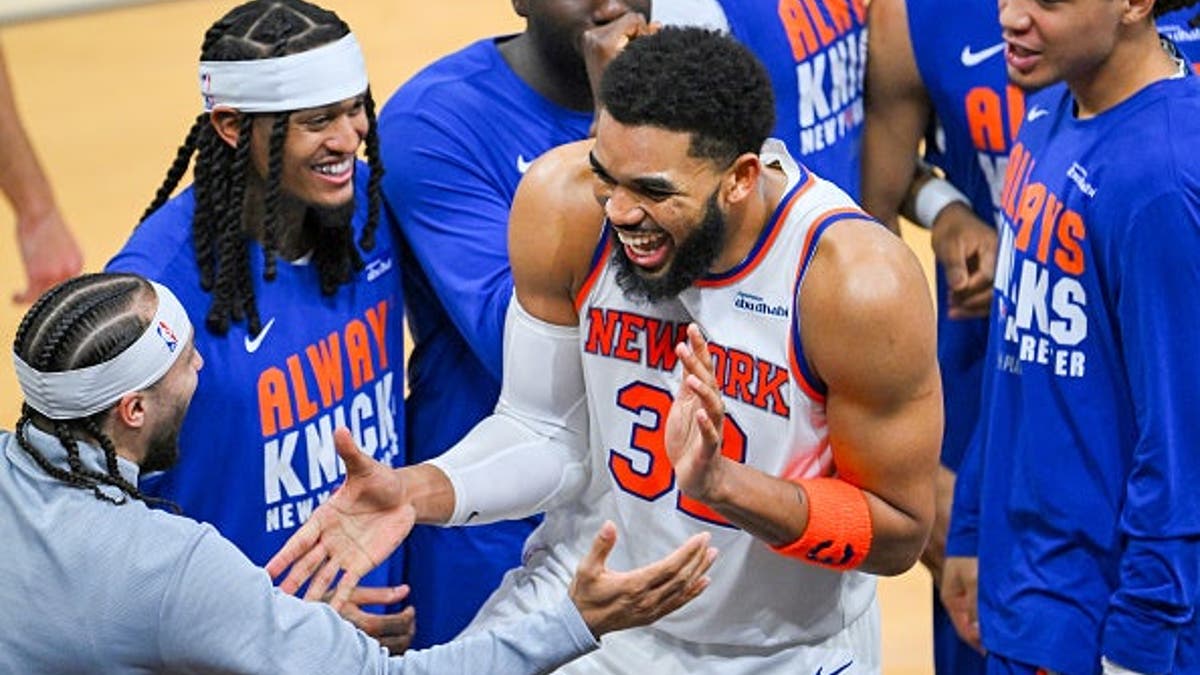 Karl-Anthony Towns celebrating during an NBA game at Rocket Arena in Cleveland