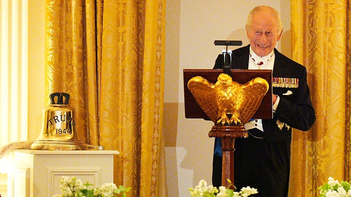 King Charles giving a speech at the state dinner at the White House held in his honor in April 2026.