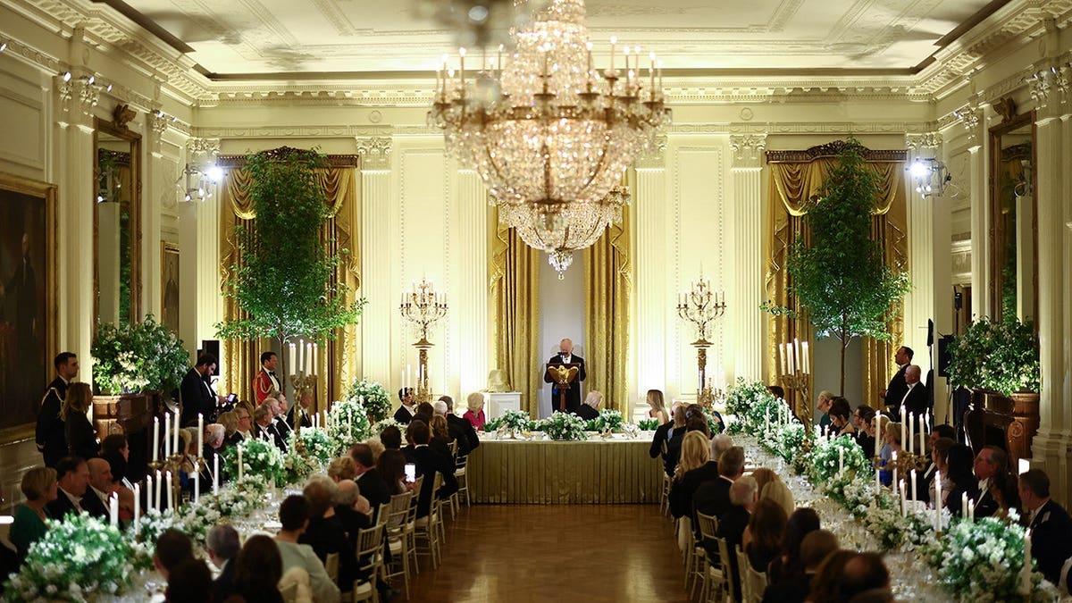 King Charles III speaking during a State Dinner in the East Room of the White House