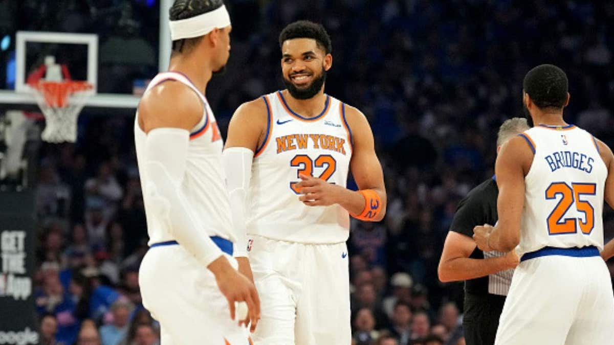 NEW YORK, NY - MAY 4: Karl-Anthony Towns #32 of the New York Knicks smiles during the game against the Philadelphia 76ers during Round Two Game One on May 4, 2026 at Madison Square Garden in New York City, New York. (Photo by Jesse D. Garrabrant/NBAE via Getty Images)