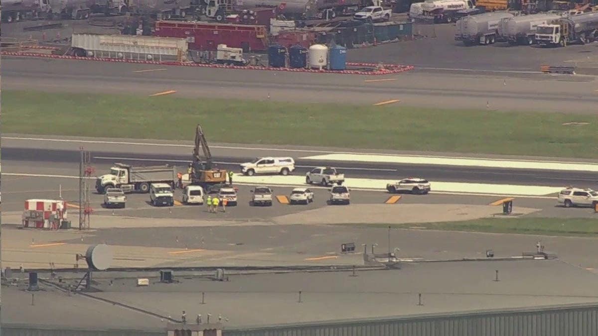 A aerial view of a runway at LaGuardia Airport.