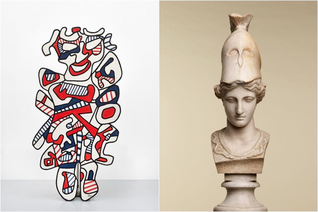 Side-by-side comparison of two artworks. On the left, an abstract, cutout-style figure composed of irregular, interlocking shapes outlined in black and filled with red, blue, and white striped patterns, standing against a plain white background. On the right, a classical marble bust of a woman with a calm expression, wearing a tall, helmet-like headdress topped with a fin-like shape, displayed on a pedestal against a beige background. Both featured at the 2026 edition of TEFAF New York.