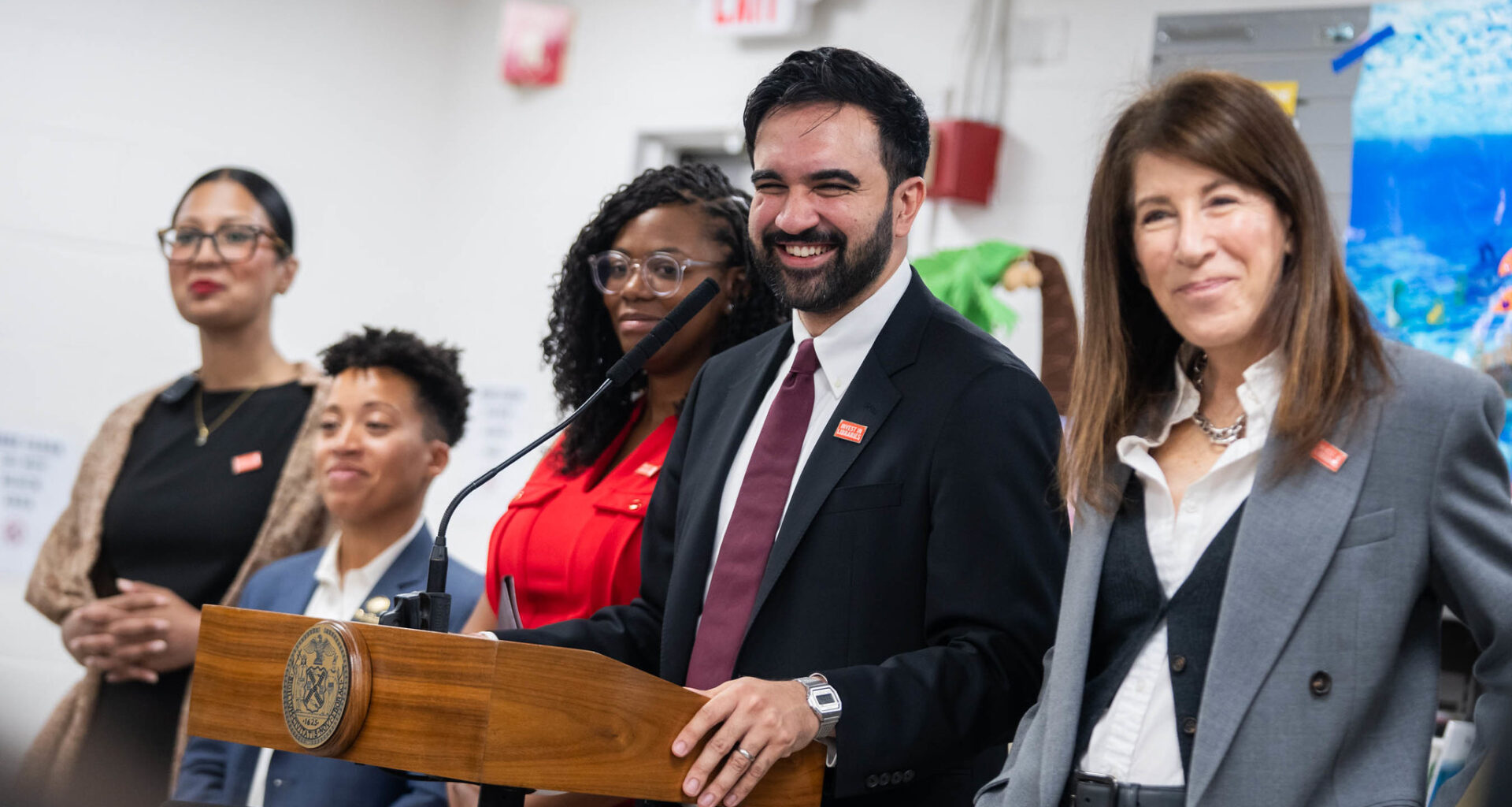 Mayor Zohran Mamdani announced in Brooklyn on Friday that the city budget permanently baselines $31.7 million for the city’s three public library systems. From left: Councilmembers Shahana Hanif, Crystal Hudson and Nantasha Williams; Mamdani and BPL President Linda Johnson. Photo: Ed Reed/Mayoral Photography Office
