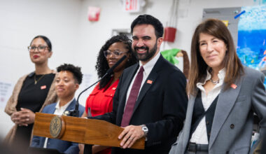 Mayor Zohran Mamdani announced in Brooklyn on Friday that the city budget permanently baselines $31.7 million for the city’s three public library systems. From left: Councilmembers Shahana Hanif, Crystal Hudson and Nantasha Williams; Mamdani and BPL President Linda Johnson. Photo: Ed Reed/Mayoral Photography Office