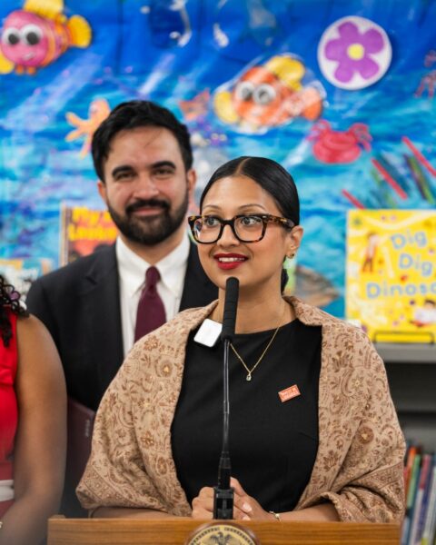 Councilmember Shahana Hanif with Mayor Zohran Mamdani, at Friday’s library budget announcement in Brooklyn. Photo: Ed Reed/Mayoral Photography Office
