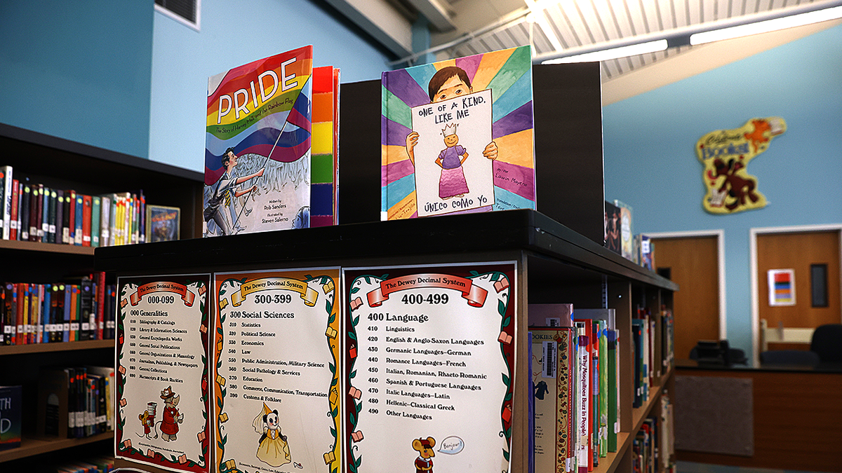 Books on a library shelf with LGBTQ pride themes