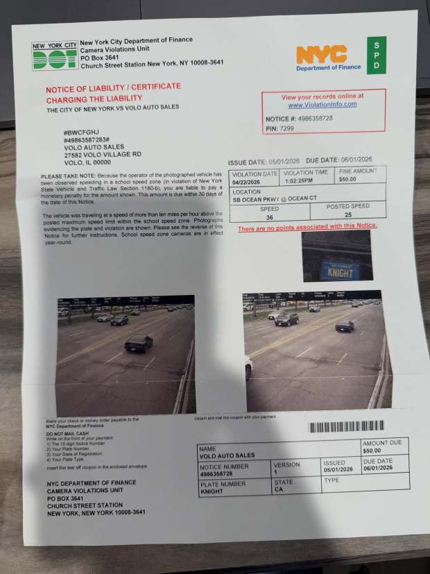The New York Department of Transportation sent a speeding ticket to the Volo Museum for a car that appears similar to KITT from the 1982 Knight Rider show with the same plates as the museum's replica car. The incident sparked an online and news frenzy. (Image courtesy of the Volo Museum)
