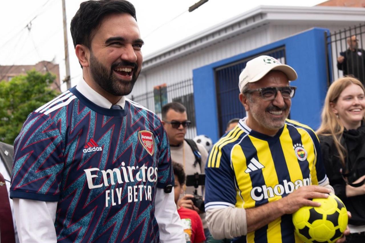 Zohran Mamdani and Hamdi Ulukaya smile during a public gathering in the Bronx, New York, on May 12, 2026. (Photo via X / @yunuserdolen)