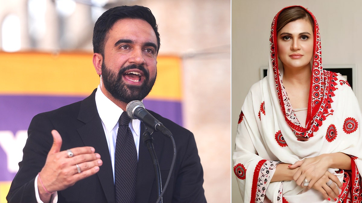 Split image of New York City Mayor Zohran Mamdani speaking at a podium beside moderate Muslim activist Anila Ali.