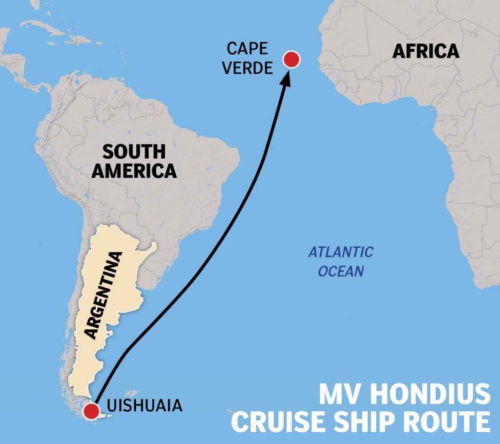 Route of the MV Hondius cruise ship, on which three passengers died and another fighting for their life after suspected hantavirus outbreak