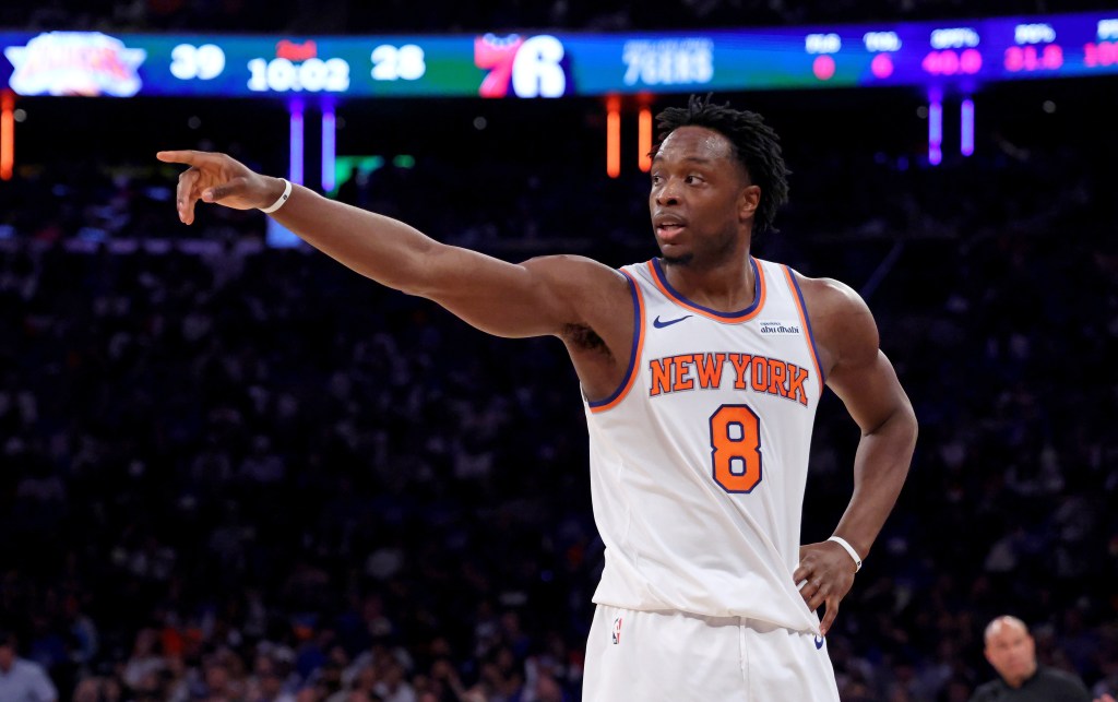 5/4/26 - NBA Playoffs Eastern Conference Semifinals Game 1, Philadelphia 76ers vs. New York Knicks at Madison Square Garden - New York Knicks forward Og Anunoby #8 reacts on the court in the second quarter. 

Photo by Charles Wenzelberg / New York Post