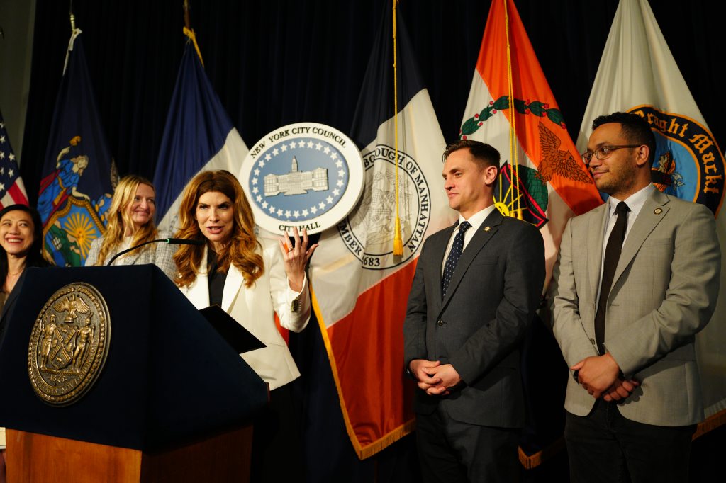New York City Council Speaker Julie Menin delivers remarks at a City Council press conference.
