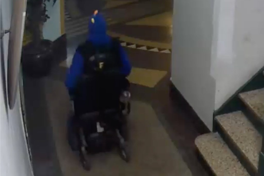 The brazen bandit who allegedly wandered into an apartment building at 888 Grand Concourse in the Bronx around 2:11 a.m. on April 21 and rode off on a $5,000 wheelchair.