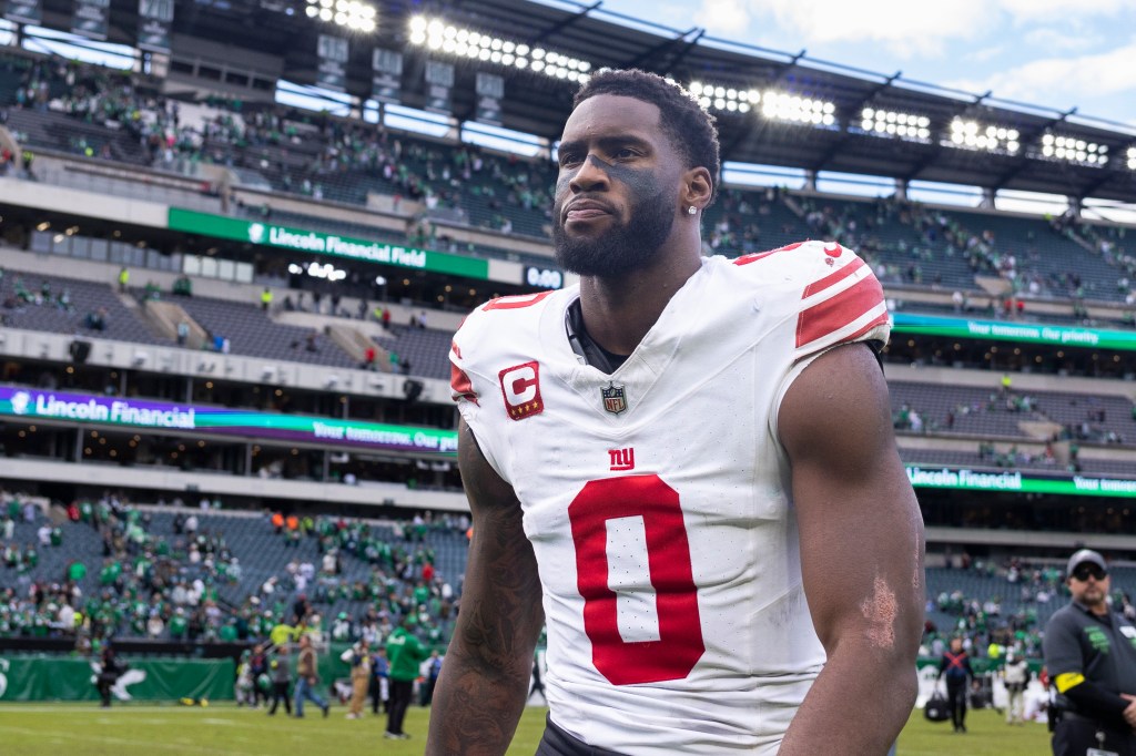 New York Giants player Brian Burns walks off the field after a loss to the Philadelphia Eagles at Lincoln Financial Field.